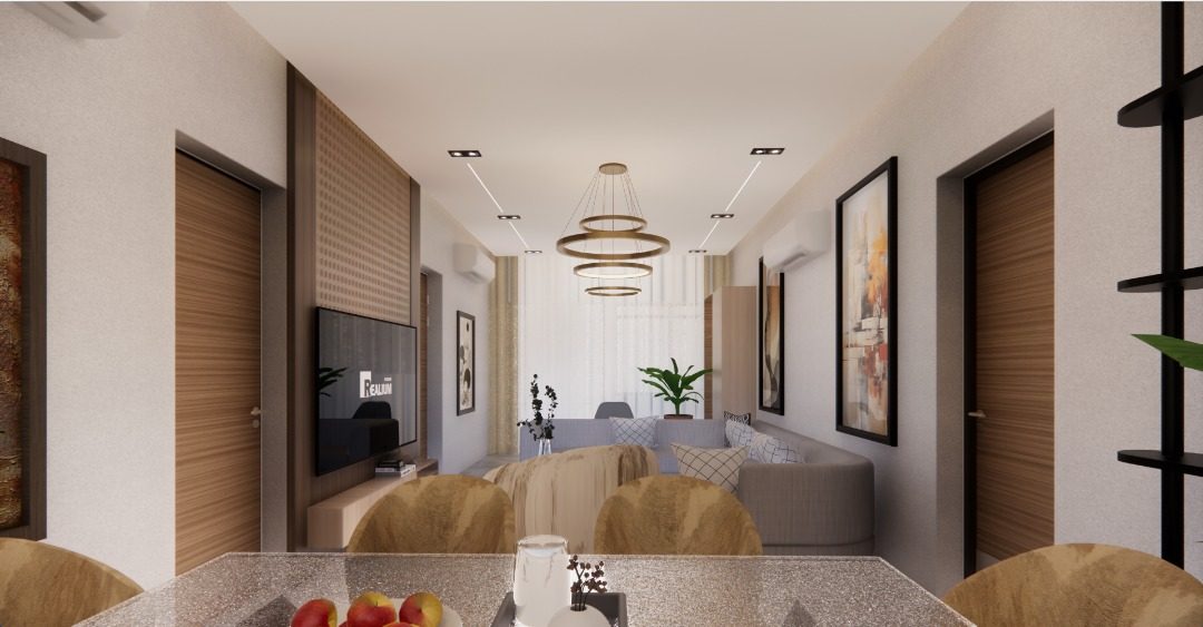 Dining and hallway interior with pendant lighting