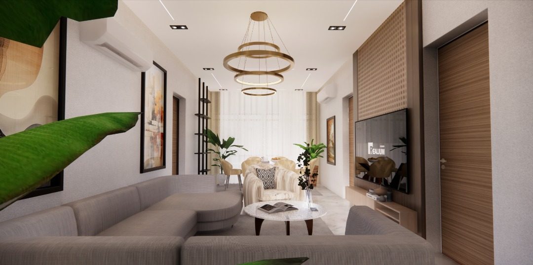 Warm modern living room with feature plant